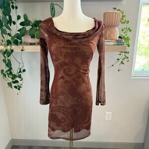 Urban Outfitters Paisley Cowl Neck Long Sleeve Dress L Y2K Boho Carrie Bradshaw